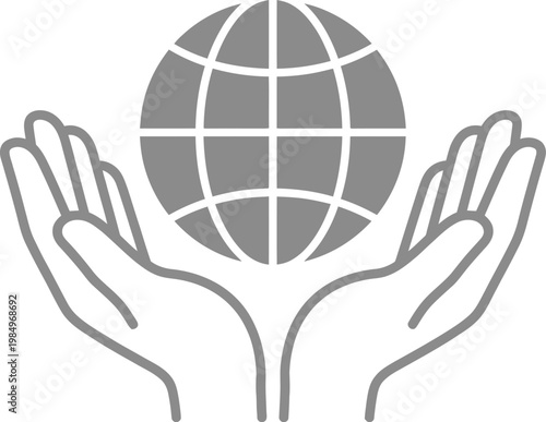 Vector graphic illustration of hands cradling a globe symbolizing global care and protection in a simple design