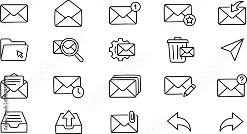 Email icons with various symbols and actions illustrated in a simple vector style for use in digital communication and design