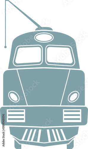 Vector graphic illustration of a vintage tram front view in blue tones with white outlines on a clean white background design