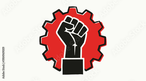 A bold graphic illustration of a raised fist in front of a red gear, symbolizing power and resistance through a striking visual design element.