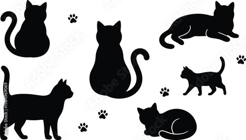 Six black cat silhouettes in different poses with paw prints on white background vector graphic illustration