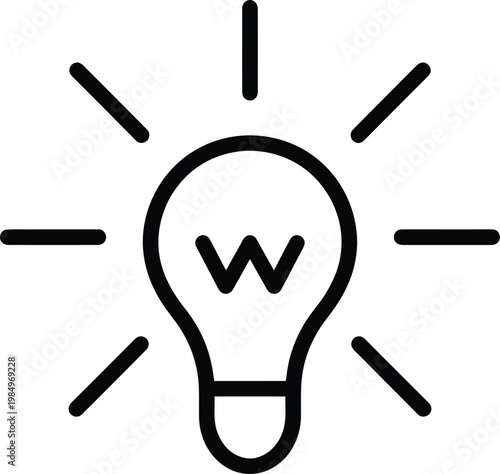 Vector graphic illustration of a lightbulb with a w inside and lines radiating outward in a simple design