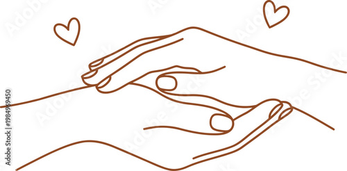 Vector illustration of two hands holding with hearts above