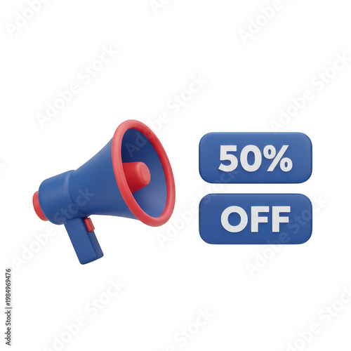 Illustration of a blue and red megaphone advertising a 50% off sale isolated on transparent background