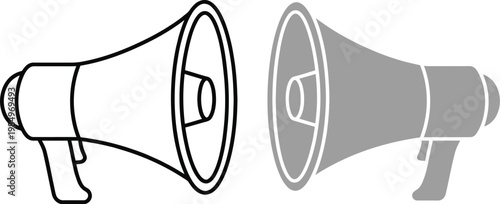 Vector graphic illustration of two distinct megaphones in black and gray