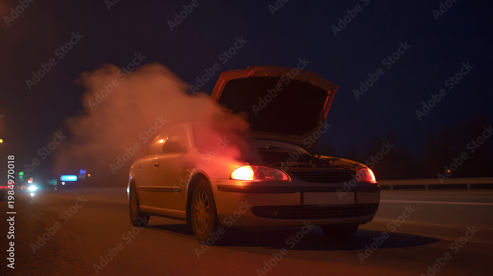 Fototapeta premium Broken Down Vehicle on Dark Roadside at Night with Hood Open and Smoke, Hazard Lights Flash, Emergency Situation on Empty Highway