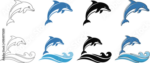 Dolphin icon set featuring jumping marine mammals with ocean wave symbols in blue and black styles. Aquatic animal silhouettes represent nature sea life and summer vacation. Vector illustration.