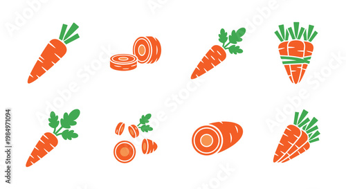 Set of 8 Colorful Carrot Flat Icons Including Whole, Sliced and Chopped Variations, Isolated on White Background