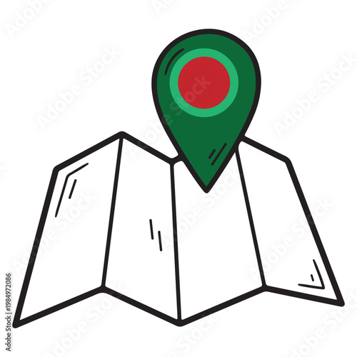 Location Pin with Bangladesh Flag on Folded Map.