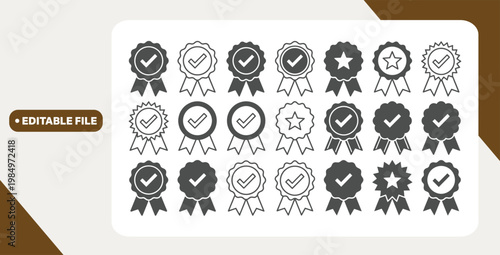 Approval check big icon set. Verified, certified, medal, correct mark, award ribbon, badge, quality certify sign - stock vector 