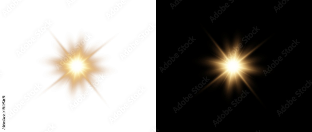 Fototapeta premium Golden glow effect with lens flares and magical energy on a transparent PNG background.