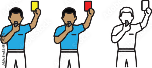 Soccer Referee Showing Yellow and Red Cards Vector Illustration Set in Flat Outline Style