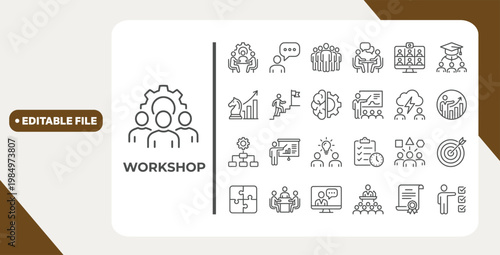 Workshop line icon set. Editable Stroke. Training, teamwork, coaching, goals, education, skill, seminar - stock vector. 
