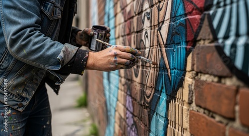 Street Artist Painting Mural on Brick Wall