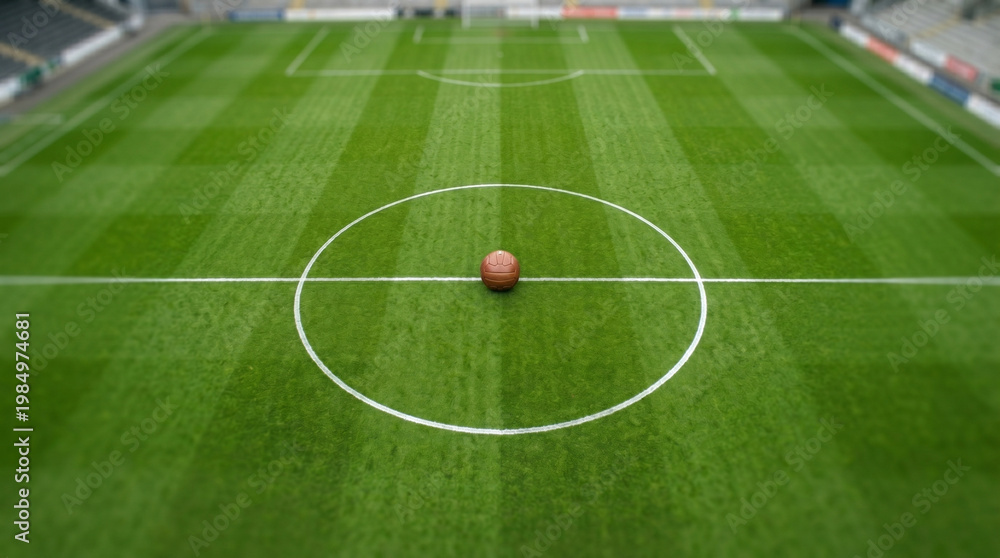 Fototapeta premium Professional soccer field with ball at center circle, green grass football pitch with white markings, empty sports stadium arena for competition