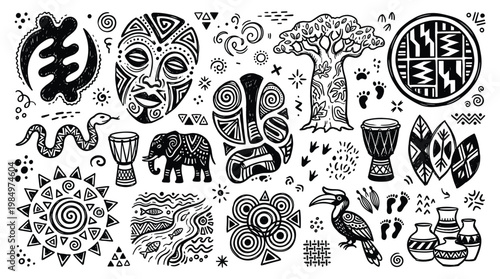 African cultural patterns and symbols adorn a whimsical doodle illustration featuring various tribal masks, animals, and decorative elements.