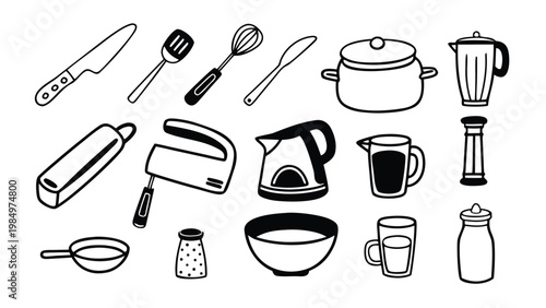 Kitchen Tools Line Icon Set Cooking Utensils Minimal Outline Vector Collection