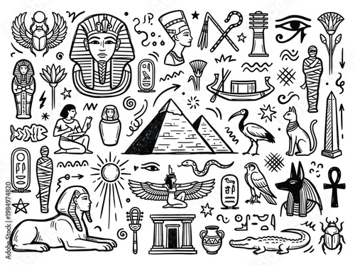 Ancient Greece doodle illustrations depict various cultural and mythological symbols.