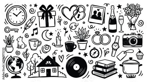Anxiety awareness doodle illustration features various objects and symbols surrounding a house