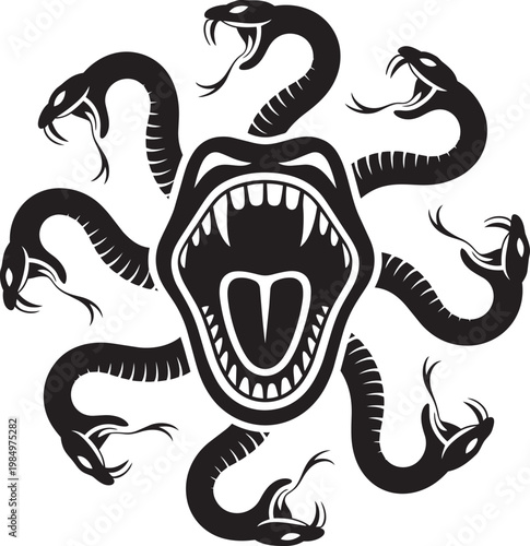 Eight coiling snake heads and an open fanged monster mouth in a dark fantasy vector