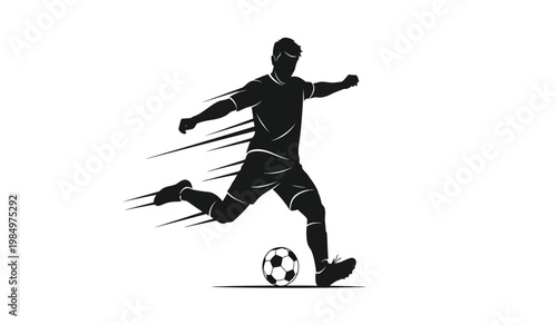 A dynamic illustration depicts a soccer player in mid stride poised to kick a ball with energy presented as a silhouette high quality professional