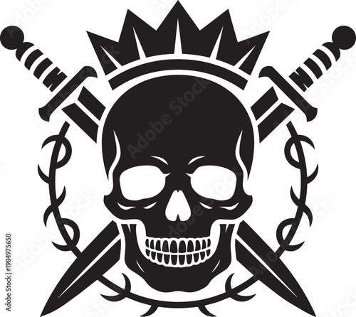 Skull wearing a crown, with 2 crossed swords, and thorny barbed wire wreath vector graphic