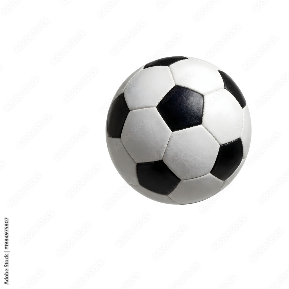 Fototapeta premium Classic soccer ball isolated on white background, traditional black and white leather football, professional sports equipment for athletic competition