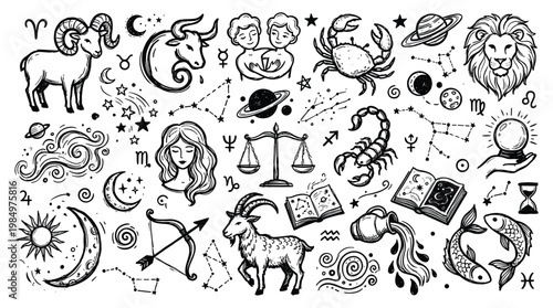 Zodiac signs and astronomy doodle elements create a celestial illustration