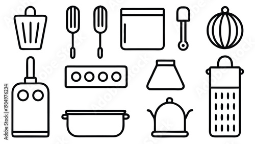 Kitchen Tools Line Icon Set Cooking Utensils Minimal Outline Vector Collection