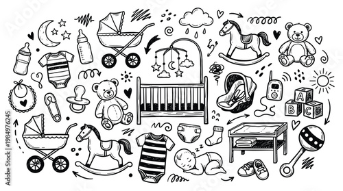 Baby shower doodle illustrations of nursery items and toys for celebration