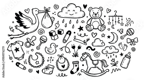 Baby shower doodle elements with stork, teddy, toys, and nursery items illustrated