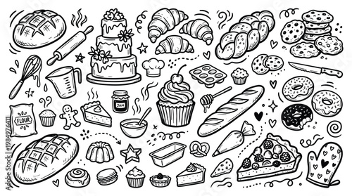 A colorful illustration of various sweet and savory baked goods and desserts on a plate