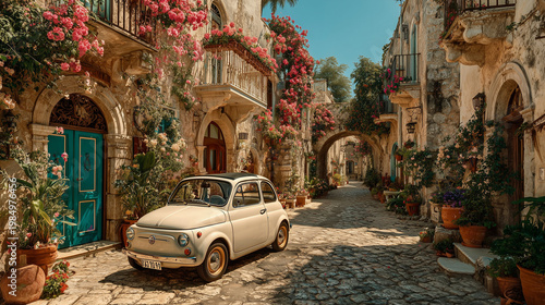 Empty Cobblestone Street in Italian Village with Vintage Cream White Fiat 500 Parked, Pink Roses in Flower Box on Balcony, Warm Golden Afternoon Light