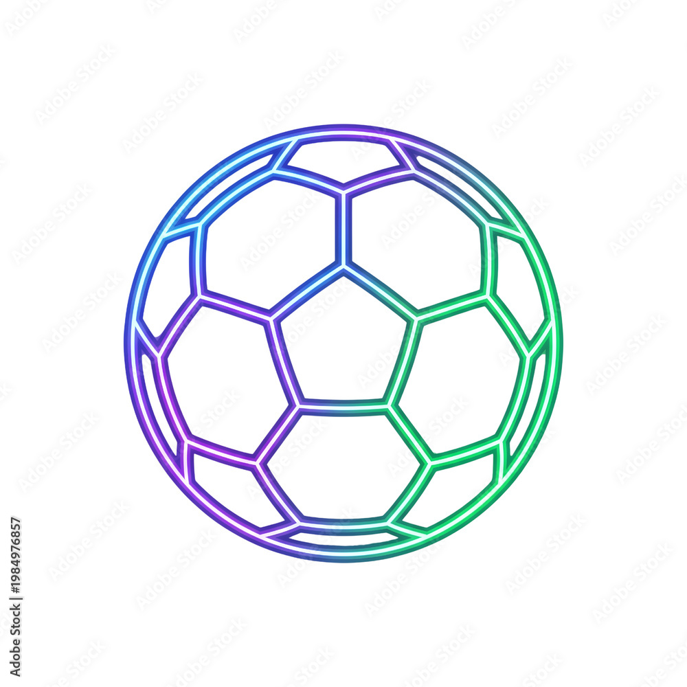 Naklejka premium Neon gradient soccer ball icon, vibrant blue and purple football outline, modern sports equipment graphic on white background, minimalist athletic logo