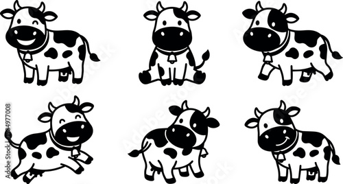 Black and white cartoon cows with bells in various poses vector art