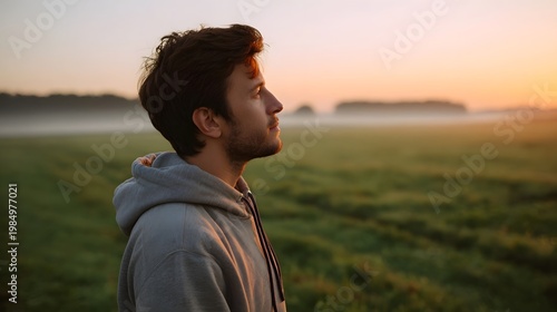 A man stands in a misty meadow at sunrise gazing toward the glowing horizon in a moment of profound reflection