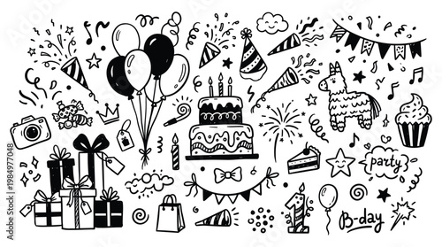 Birthday party doodle illustration with cake, gifts, and decorations