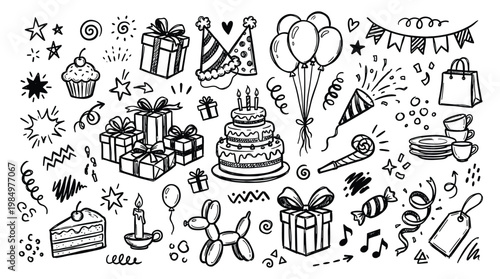 Black Friday doodle illustration depicts a festive birthday party scene with gifts