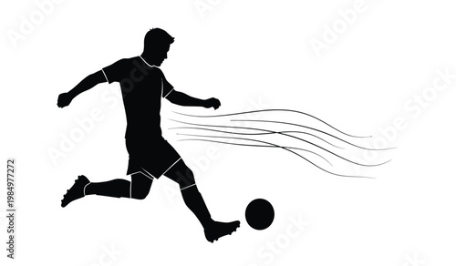 A dynamic depiction of a soccer player in full stride kicking a ball with energy and motion presented as a silhouette high quality professional