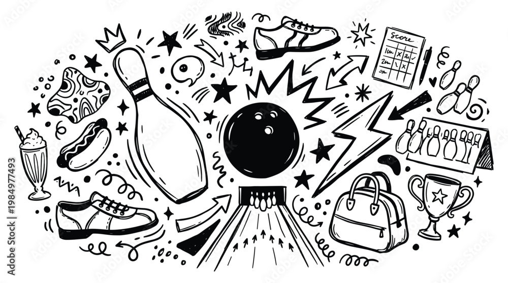 Fototapeta premium A vibrant illustration showcases various bowling themed doodle elements and objects in a creative arrangement.