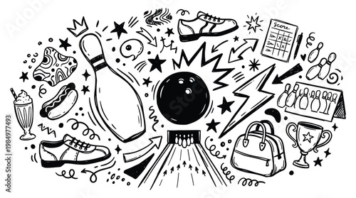 A vibrant illustration showcases various bowling themed doodle elements and objects in a creative arrangement.