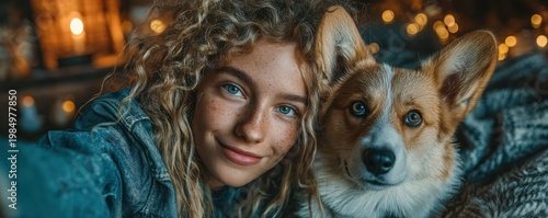 Smiling young woman posing with her dog in a cozy atmosphere