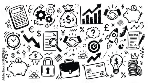 Business finance doodle illustrations show financial growth and success