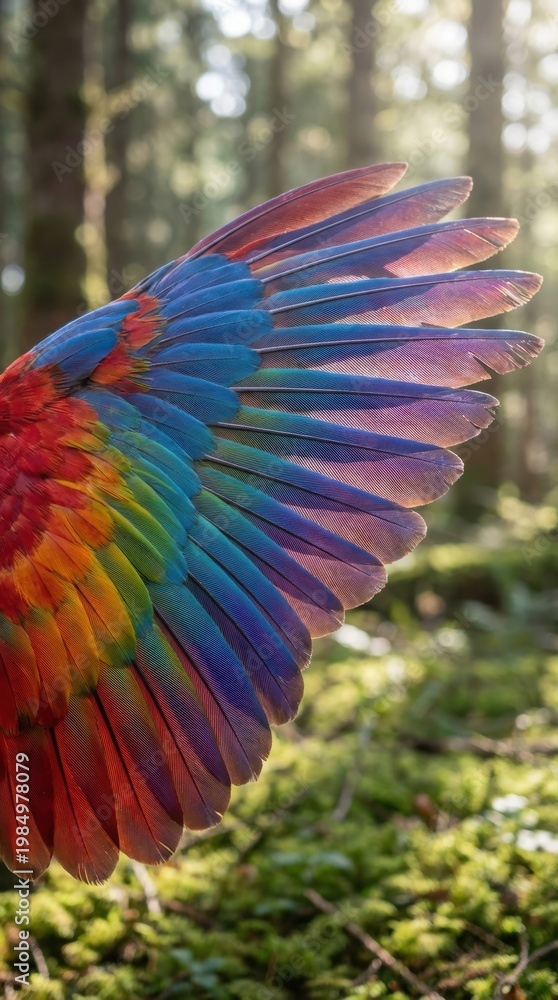 Fototapeta premium A vibrant bird's wing spreads wide in a sunlit forest, showcasing its stunning multicolored feathers.