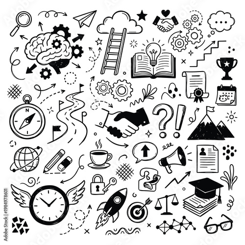 A vibrant doodle illustration showcases various objects and symbols representing creativity, learning, and success in a fun, educational setting.