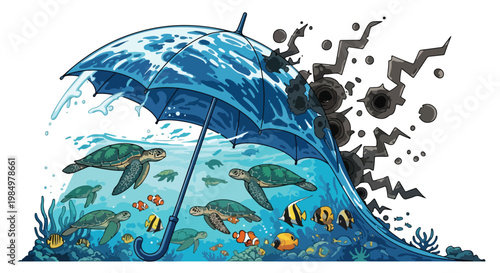 Colorful underwater scene with tropical fish and coral reef under a transparent umbrella in vibrant marine environment