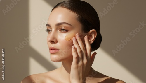 Beautiful woman applying serum to glowing radiant skin