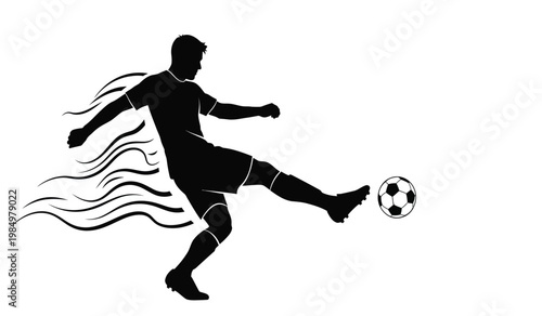 A dynamic illustration depicts a soccer player in mid kick with motion lines emphasizing action presented as a striking silhouette high quality professional detailed