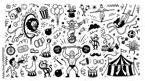 City buildings doodle illustrations depict urban landscape with various structures