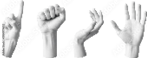 Set of human hands gestures showing various actions: pointing, fist, grabbing, and open palm isolated on transparent background.